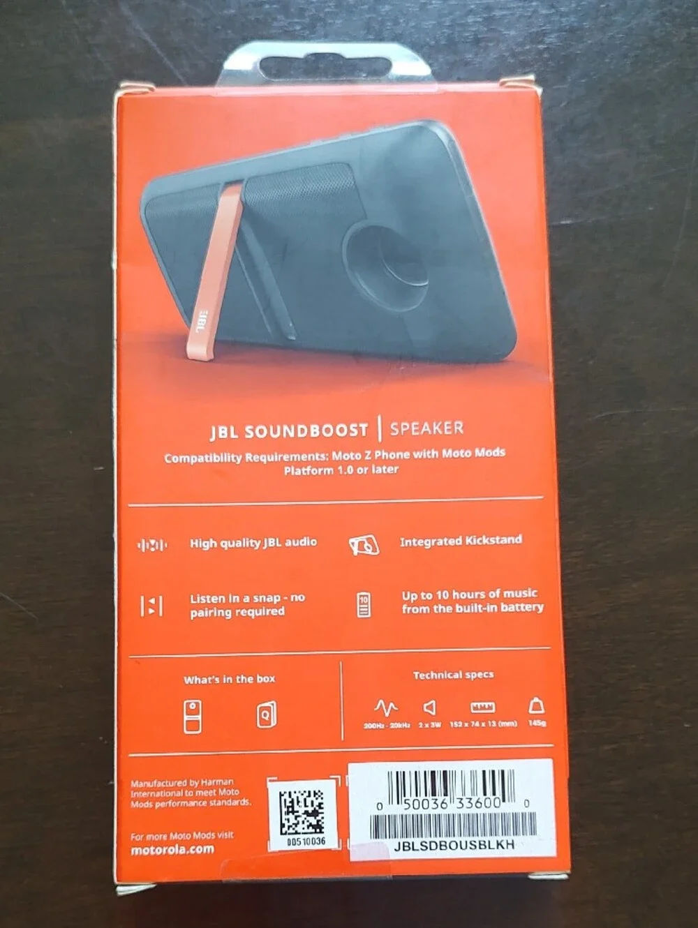 JBL SoundBoost Moto Mod Speaker - Black with Orange Accent